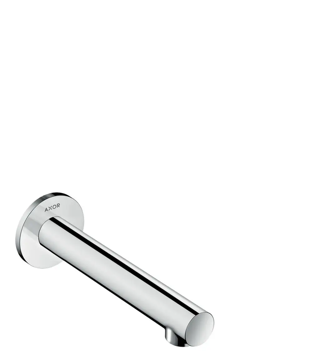 Glänzender metallischer Wasserhahn von AXOR, mit runder Wandmontage und geradem Auslauf, geeignet für Badezimmerinstallationen.